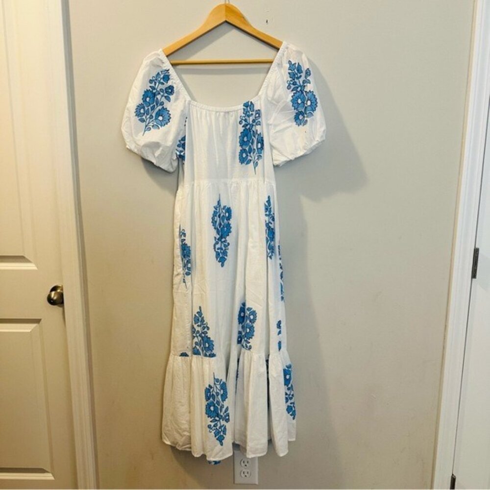 J. Crew White Blue Floral Puff-Sleeve Tiered Sz 8 Midi Dress NWT - Picture 6 of 15